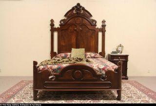 Victorian Walnut Antique 1860's Queen Size Bed Hand Carved Crest