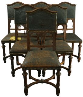 Set of 6 Antique French Renaissance Dining Chairs Walnut Leather Need TLC