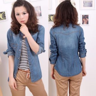 Retro Womens Suede Washed Jeans Denim Shirts Long Sleeve Blouse Button Down Tops