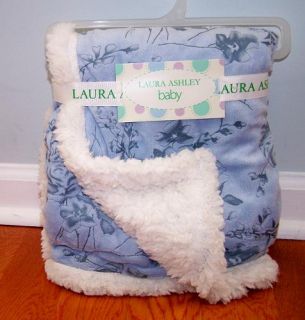Laura Ashley Baby Blue Mink Reversible Plush Carved Roses Sherpa Blanket New