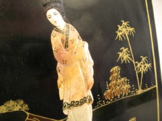 Antique Chinese Black Gold Lacquer Carved Stone Geisha Ladies Wall Plaque Panel