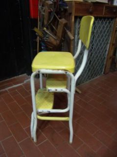 Vintage Kitchen Cosco Yellow Metal Step Stool Chair w Fold Up Steps Mid Century