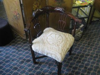 Antique Hand Carved Mahogany Low Back Corner Chair Cream w Floral Cushions