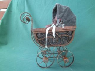 Vintage Ornate Wooden Metal Baby Doll Carriage Stroller Working Hood Doll