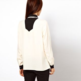 New Womens European Fashion Black White Splice Chiffon Long Sleeve Shirt B933