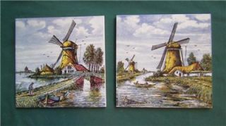 Lot of 2 Vintage Delft Hand Painted Windmill Tiles Dutch Holland Architecture