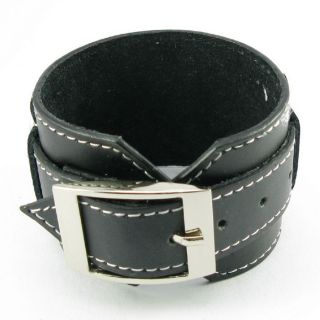 H947 Gothic Black Leather Men Women Huge Buckle Wristband Cuff Bracelet