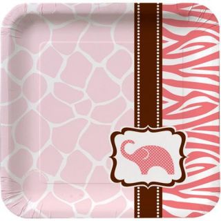 Wild Pink Safari Elephant Paper Dessert Plate 8 Ct Baby Girl Shower Party Supply