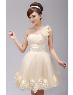 Women Lady Girl Inclined Shoulder Short Flower Ball Cocktail Party Evening Dress