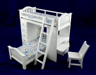 Dolls House Miniature Teen Bedroom Furniture White Bunk Bed Set Desk Chair