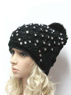 Hippie Winter Beanie Hat for Women Embellished w Bling Bling Crystals Black