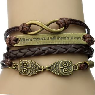Infinity Bangle Antique Bronze Karma Owl Coffee Rope Leather Bracelet Charm Gift