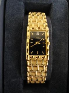 Caravelle Bulova 44D09 Mens Diamond Gold Tone Black Rectangle Dial Dress Watch