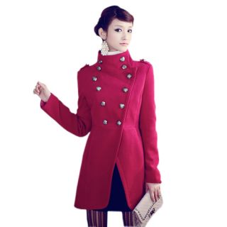 Women's Double Breasted Button Trench Military Coat Stand Collar Jacket 3 Colors