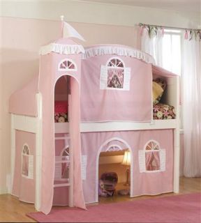 Cottage Twin Loft Bed w Top Tent Tower Pink White Bottom Curta ID 49505