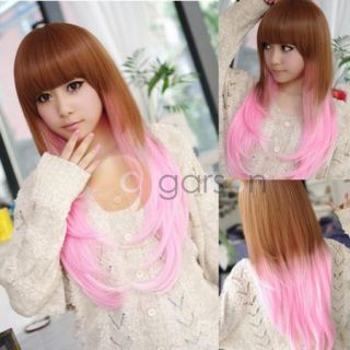 New Lolita Womens Lady Long Curly Wavy Hair Full Wigs Cosplay Party Brown Pink