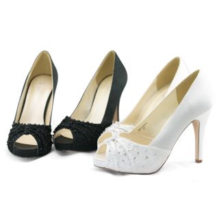 Womens White Satin Beads Wedding Dress Peep Toe Platform Heels Shoes Pump Size