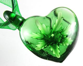 Pure Green Heart Shape Handmade Art Murano Glass Pendant Ribbon Necklace Cord