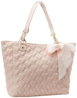 Betsey Johnson Mine Yours Blush Pink Quilted Hearts Love Tote Handbag Bag Bow