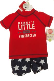 Carters Baby Boys Swim Trunks Bathing Suit Shirt Blue Red Stars 3 Months New