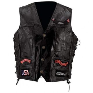 Black Leather Motorcycle Biker Vest w Patches Large