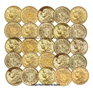 Lot of 25 Swiss 20 Franc Helvetia World Gold Foreign Bullion International Coin