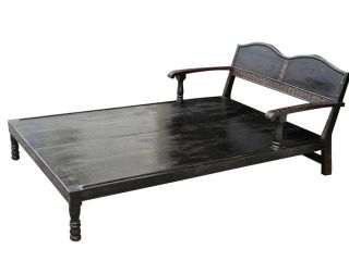Antique Daybed Hand Carved Wood Iron Brass Accent India Furniture 76x49x30 Inch