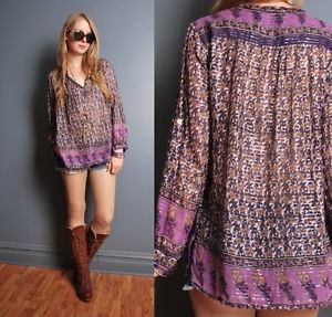 Vintage 70s s M Purple India Gauze Floral Print Hippie Boho Top Shirt Blouse