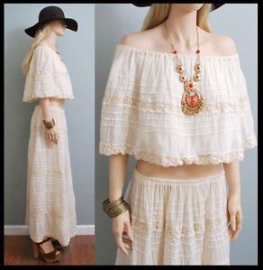 70s Vtg Cream Cotton Gauze Crochet Lace Two Piece Hippie Crop Top Maxi Skirt