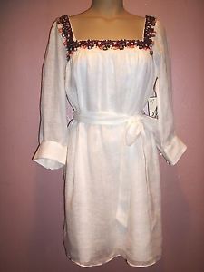 Milly Embellished Peasant Dress Belt Beaded Off White Linen Gauze 10 M $385