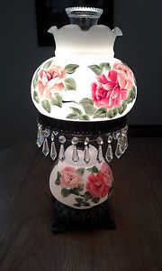 Vintage Hand Painted Rose Hurricane 2 White Milk Globes Lamp w Crystal Accents