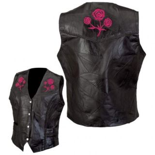 New Ladies Black Genuine Leather Motorcycle Biker Vest Embroidered Rose Patches