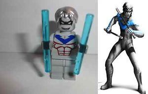 Lego Custom Batman Gray Nightwing Minifigure with Gray Suit Blue Weapons