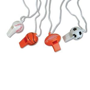 4 Sports Ball Whistle Necklaces Baseball Basketball Football Soccer Party Favors