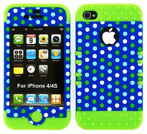 Hybrid Hard Cover Case for Apple iPhone 4 4S Dark Blue Polka Dots on Lime Green