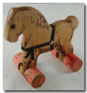 Vintage Wood Wooden Kids Childrens Childs Toy Horse with on Wheels Western