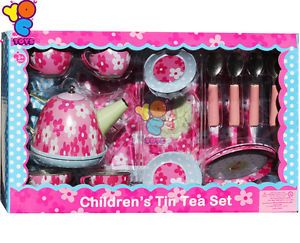 Tin Tea Set 18 Pieces Pink Blue Kids Pretend Play Kitchen Toys Cute 16 Items