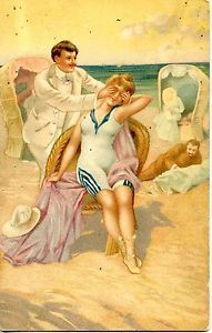 Woman on Beach Chair Man Covering Her Eyes Risque Artist Drawn Pre 1920 Postcard