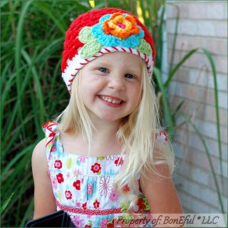 BonEful RTS New Boutique Crochet Knit Red Flower Winter Xmas Holiday Hat 4 Girl