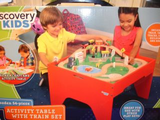 New Discovery Kids Wooden Train Set Activity Table w Storage 54 PC Reversible