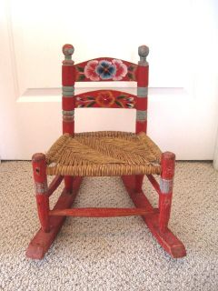Hand Made Folk Art Mexican Wood Rocking Child's Chair Tole Painted Red Blue