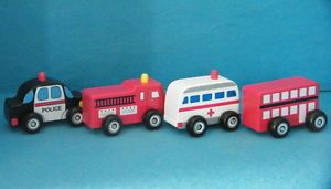 Wooden Cars Set of 4 Ambulance Police Car Fire Engine Bus Kids Fun Toys
