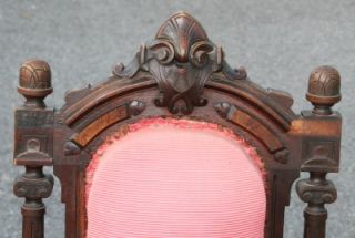 Antique Victorian Parlor Chair Wood Tufted Pink Revival Ornate Carved Vtg Wooden