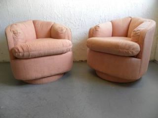 Pair Mid Century Modern Baughman Dunbar Era Swivel Barrel Tub Lounge Chairs