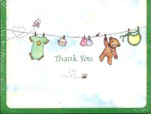 Thank You Notes 10 Pack Cards Child Baby Shower Boy Girl Teddy Bear Green Party