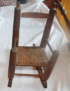 Antique Child Doll Wood Rocking Chair w Willow Basket Weave Woven Seat Toy