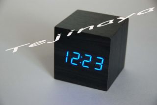Blue LED Dark Wood Cube USB Digital Desk Alarm Clock