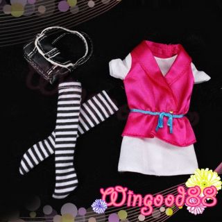 Handmade Rose Pink White Mini Dress Striped Stocking Handbag for Barbie Dolls