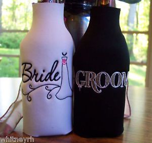 Bride and Groom Embroidered Long Neck Bottle Koozies