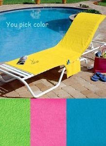 Terry Cloth Chaise Lounge Chair Cover Pool Beach Tote Yellow Pink Green or Blue